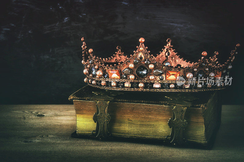 在旧书上美丽的女王/国王王冠的低调形象